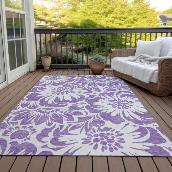 9' X 12' Purple and Ivory Floral Washable Non Skid Indoor Outdoor Area Rug