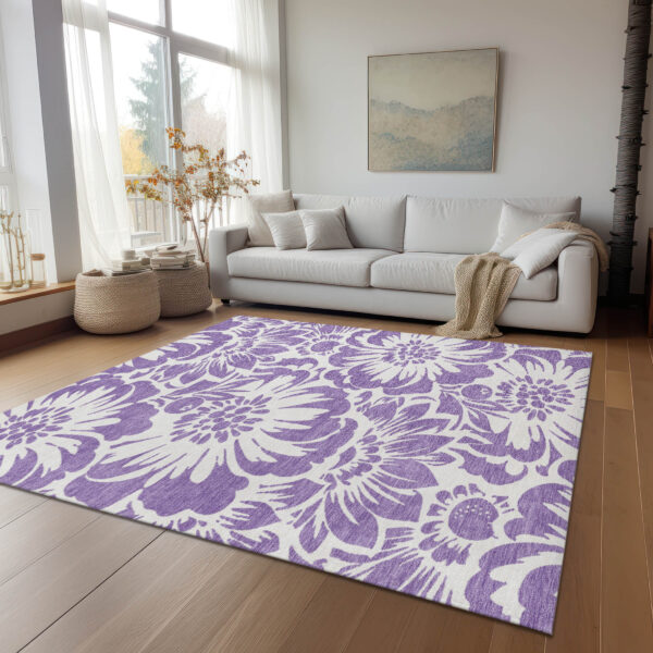 9' X 12' Purple and Ivory Floral Washable Non Skid Indoor Outdoor Area Rug