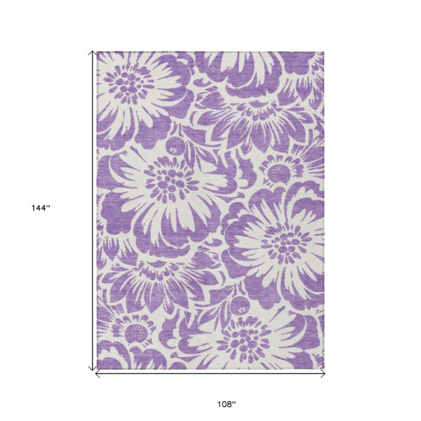 9' X 12' Purple and Ivory Floral Washable Non Skid Indoor Outdoor Area Rug