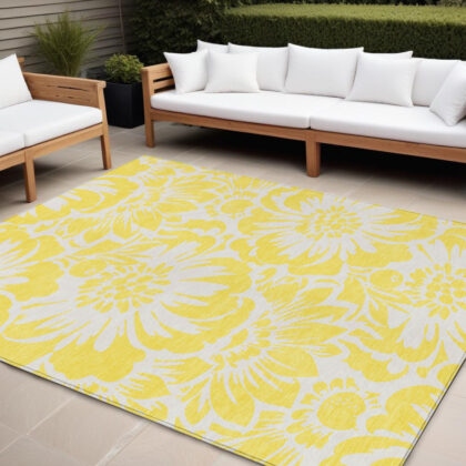 8' X 10' Yellow and Ivory Floral Washable Non Skid Indoor Outdoor Area Rug