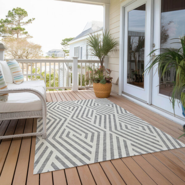 10' X 14' Gray and Ivory Geometric Washable Non Skid Indoor Outdoor Area Rug