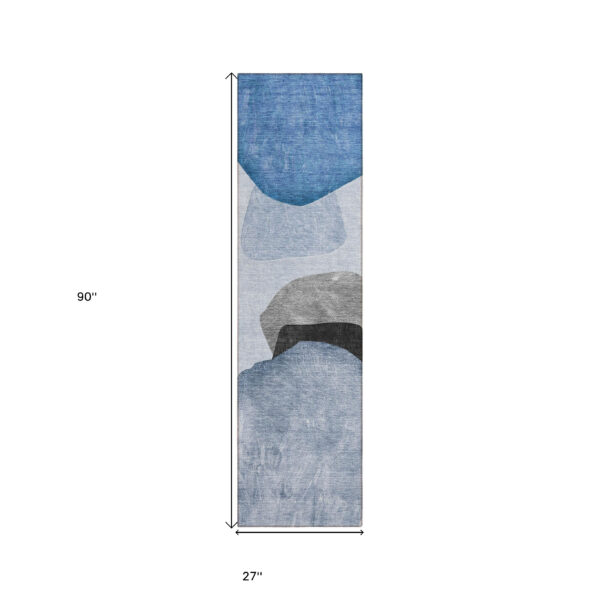 8' Runner Blue Gray and Black Abstract Washable Non Skid Indoor Outdoor Runner Rug