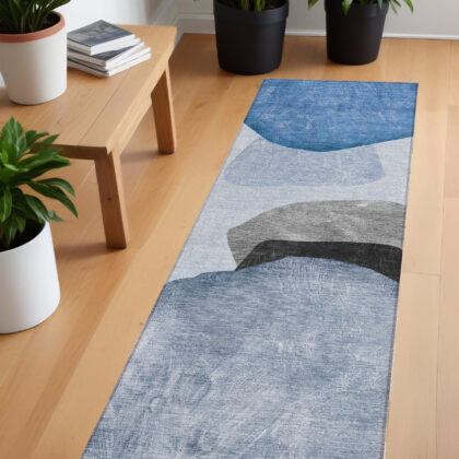 8' Runner Blue Gray and Black Abstract Washable Non Skid Indoor Outdoor Runner Rug
