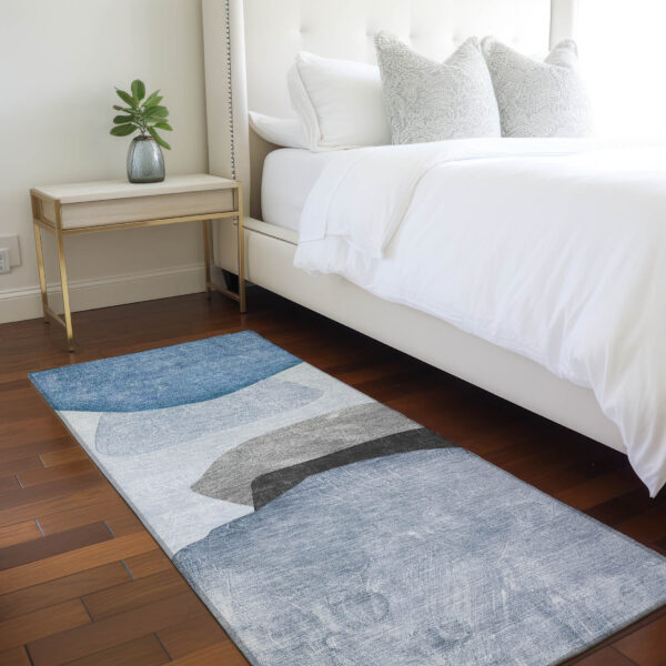 8' Runner Blue Gray and Black Abstract Washable Non Skid Indoor Outdoor Runner Rug