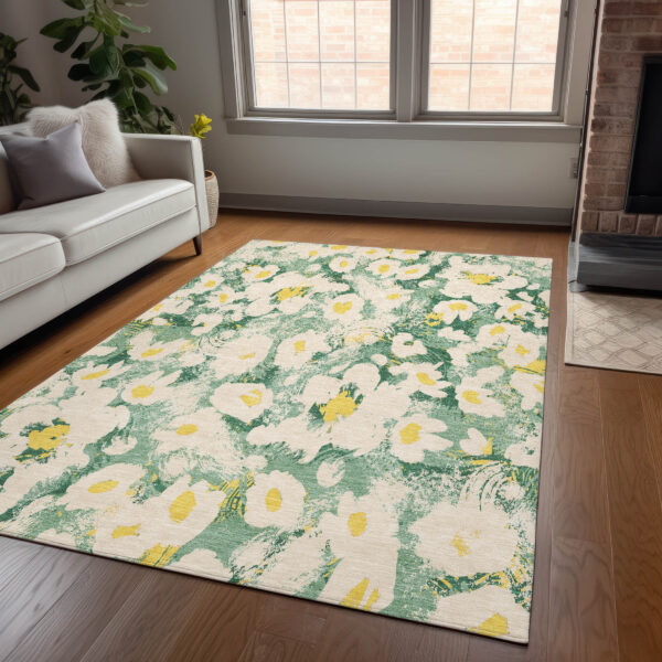 10' X 14' Green Floral Washable Non Skid Indoor Outdoor Area Rug