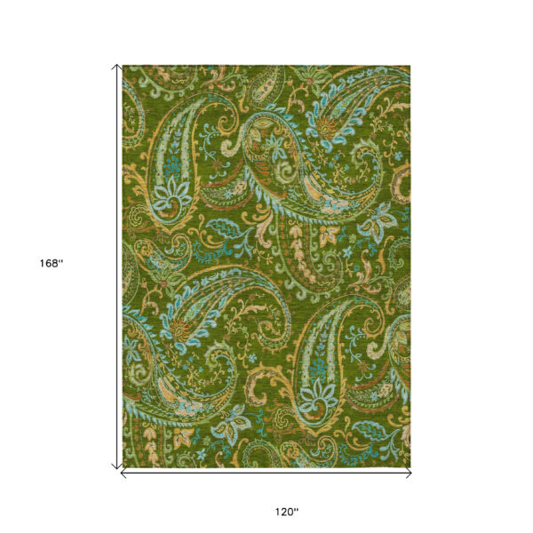 10' X 14' Green Paisley Washable Non Skid Indoor Outdoor Area Rug