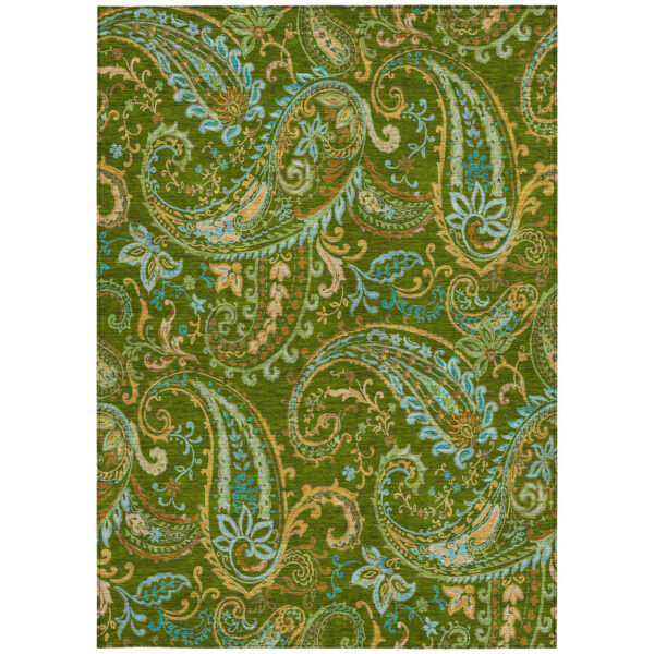 10' X 14' Green Paisley Washable Non Skid Indoor Outdoor Area Rug