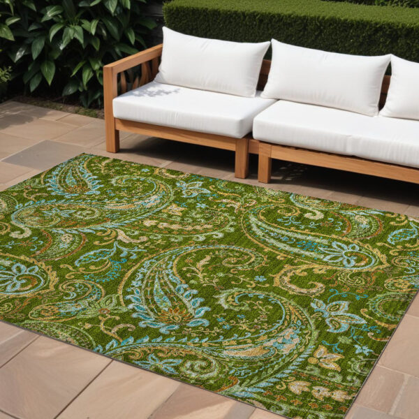 10' X 14' Green Paisley Washable Non Skid Indoor Outdoor Area Rug