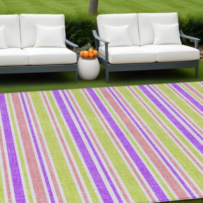 8' X 10' Purple Green and Pink Striped Washable Non Skid Indoor Outdoor Area Rug