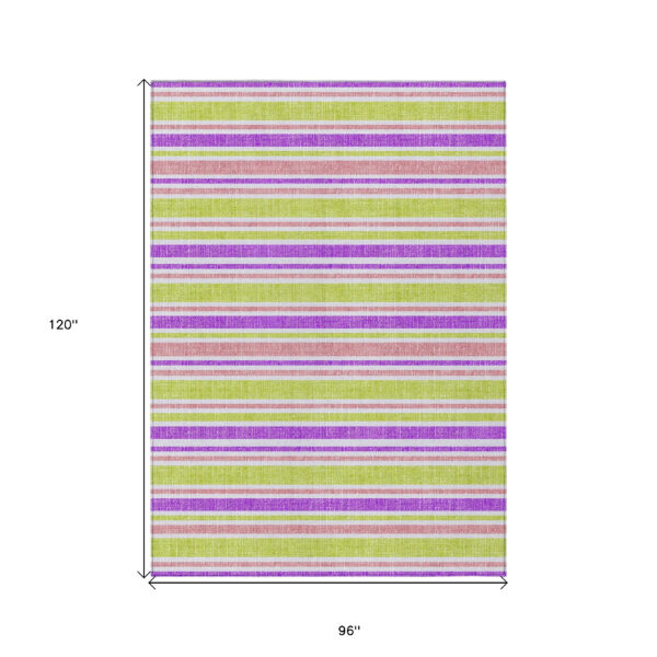 8' X 10' Purple Green and Pink Striped Washable Non Skid Indoor Outdoor Area Rug