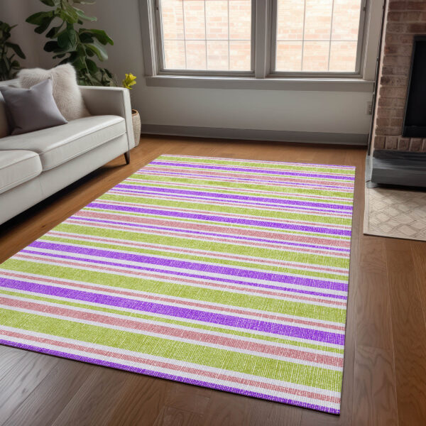 8' X 10' Purple Green and Pink Striped Washable Non Skid Indoor Outdoor Area Rug