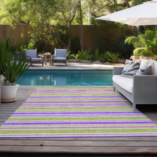 8' X 10' Purple Green and Pink Striped Washable Non Skid Indoor Outdoor Area Rug