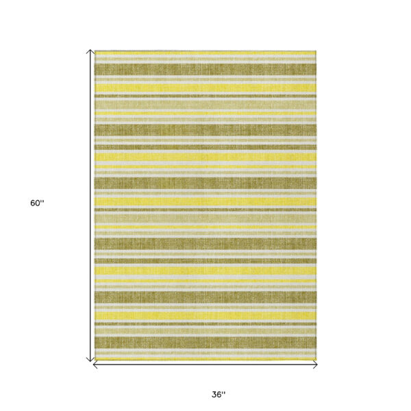 3' X 5' Khaki Yellow and Gray Striped Washable Non Skid Indoor Outdoor Area Rug