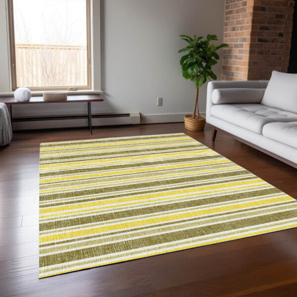 3' X 5' Khaki Yellow and Gray Striped Washable Non Skid Indoor Outdoor Area Rug
