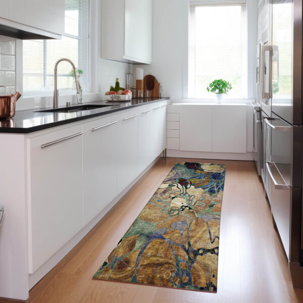 2' X 8' Beige and Blue Abstract Washable Indoor Outdoor Runner Rug