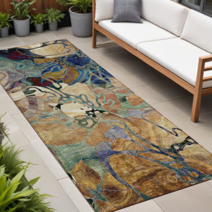2' X 8' Beige and Blue Abstract Washable Indoor Outdoor Runner Rug