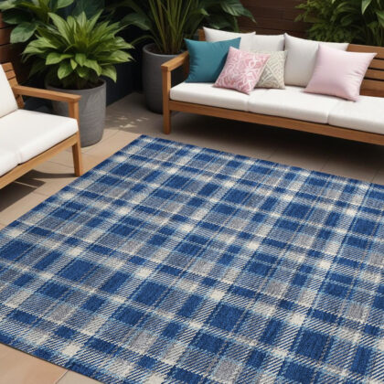 9' X 12' Navy and Ivory Plaid Washable Non Skid Indoor Outdoor Area Rug