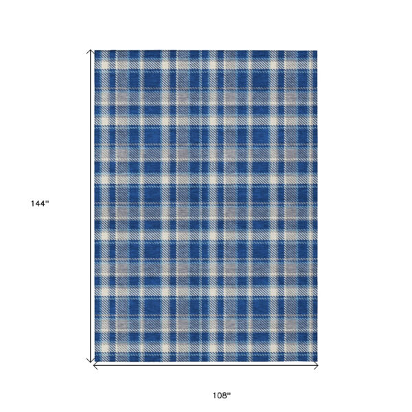 9' X 12' Navy and Ivory Plaid Washable Non Skid Indoor Outdoor Area Rug