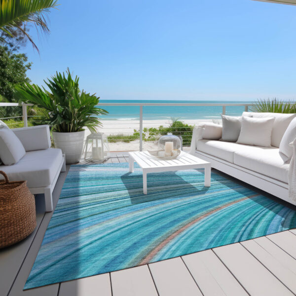 3' X 5' Teal Blue Aqua And Blue Abstract Washable Indoor Outdoor Area Rug
