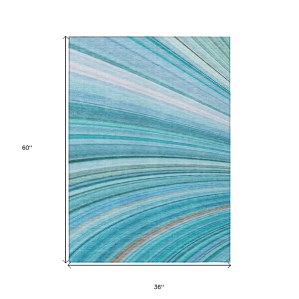 3' X 5' Teal Blue Aqua And Blue Abstract Washable Indoor Outdoor Area Rug