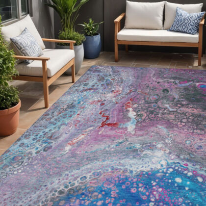 5' X 8' Sky Blue And Purple Abstract Washable Indoor Outdoor Area Rug