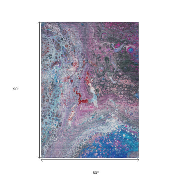 5' X 8' Sky Blue And Purple Abstract Washable Indoor Outdoor Area Rug