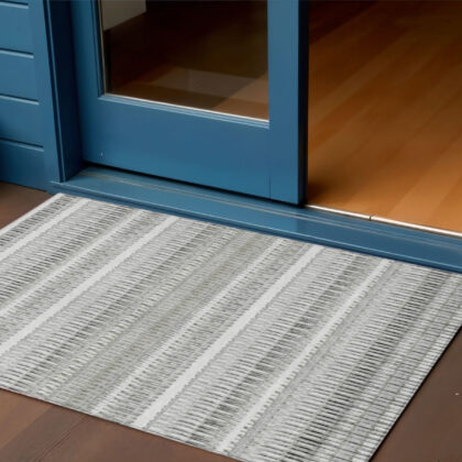 3' X 5' Ivory Gray And Taupe Striped Washable Indoor Outdoor Area Rug