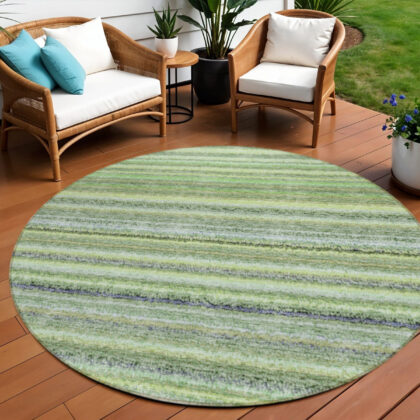 8' Artichoke Green And Olive Green Round Striped Washable Indoor Outdoor Area Rug