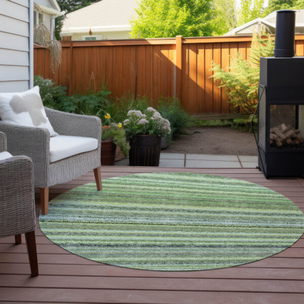 8' Artichoke Green And Olive Green Round Striped Washable Indoor Outdoor Area Rug