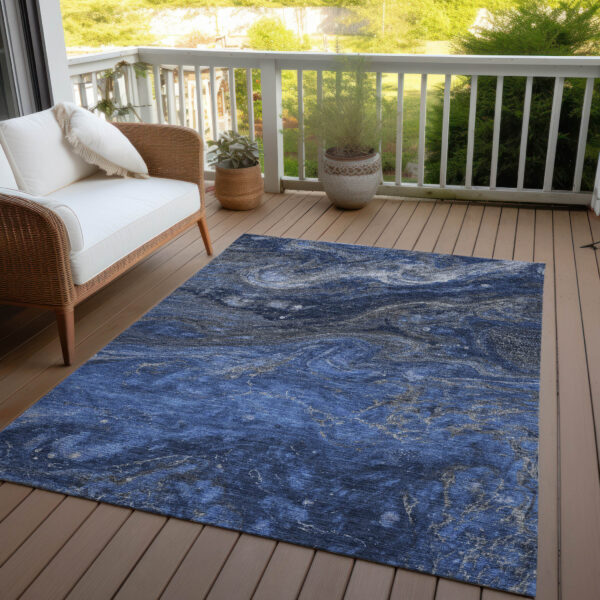 5' X 8' Denim Blue And Sky Blue Abstract Washable Indoor Outdoor Area Rug