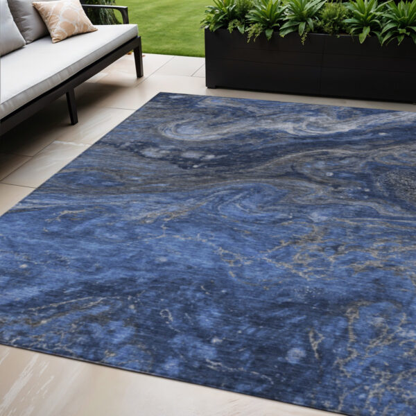 5' X 8' Denim Blue And Sky Blue Abstract Washable Indoor Outdoor Area Rug