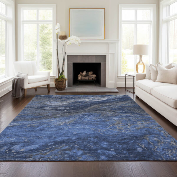 5' X 8' Denim Blue And Sky Blue Abstract Washable Indoor Outdoor Area Rug