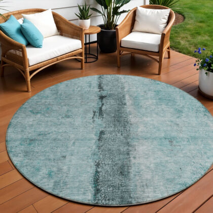 8' Teal Blue Aqua And Charcoal Round Abstract Washable Indoor Outdoor Area Rug