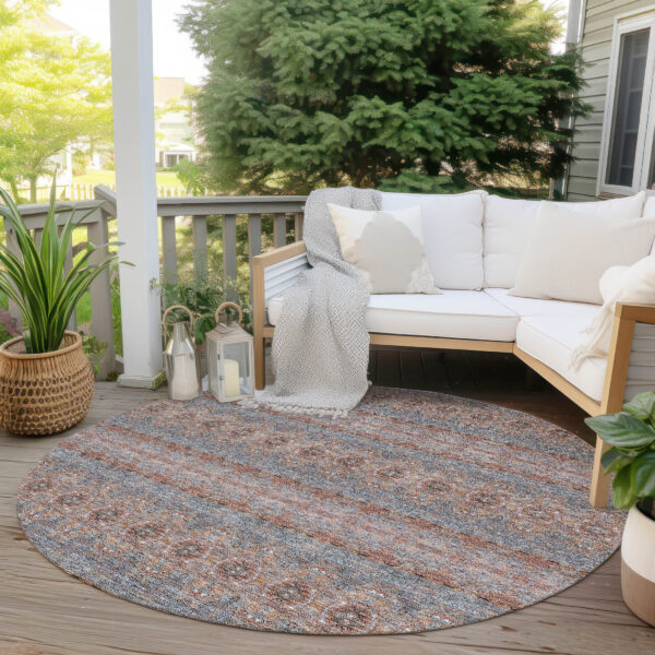 8' Orange Copper And Gray Round Floral Medallion Washable Indoor Outdoor Area Rug