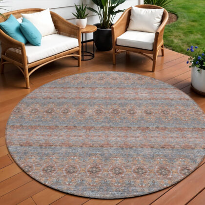 8' Orange Copper And Gray Round Floral Medallion Washable Indoor Outdoor Area Rug