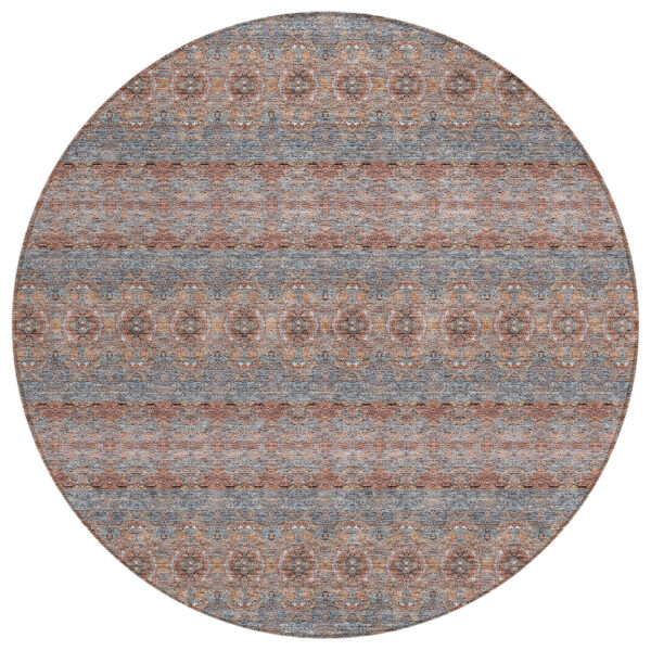 8' Orange Copper And Gray Round Floral Medallion Washable Indoor Outdoor Area Rug