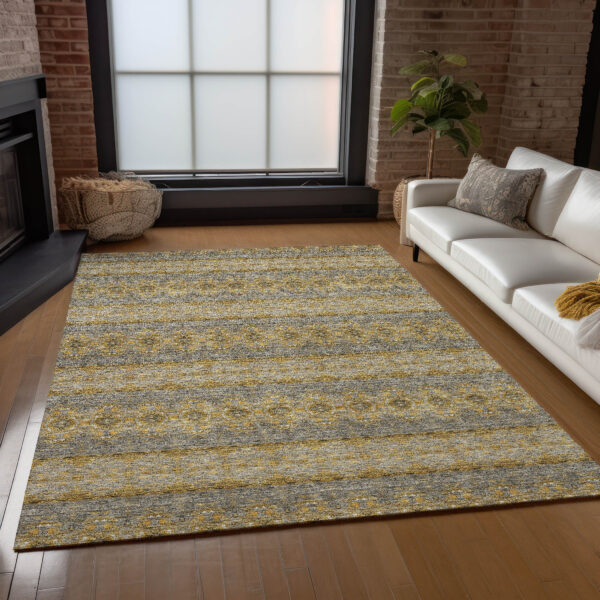 8' X 10' Gold Gray And Silver Floral Medallion Washable Indoor Outdoor Area Rug