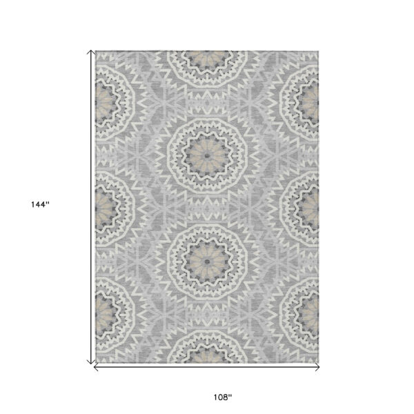 9' X 12' Gray Silver And Ivory Floral Medallion Washable Indoor Outdoor Area Rug