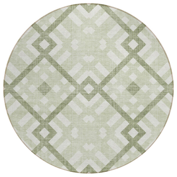 8' Artichoke Green And Olive Green Round Geometric Washable Indoor Outdoor Area Rug