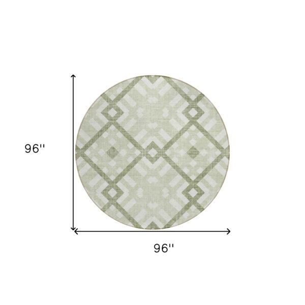 8' Artichoke Green And Olive Green Round Geometric Washable Indoor Outdoor Area Rug