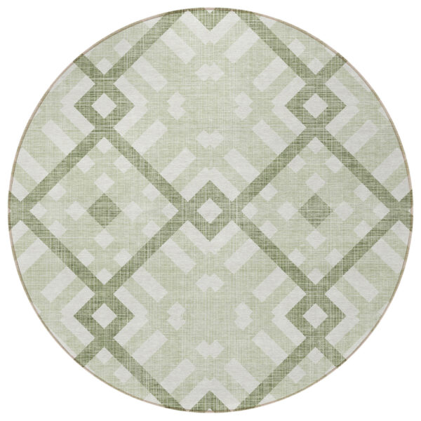 8' Artichoke Green And Olive Green Round Geometric Washable Indoor Outdoor Area Rug