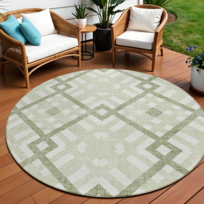 8' Artichoke Green And Olive Green Round Geometric Washable Indoor Outdoor Area Rug