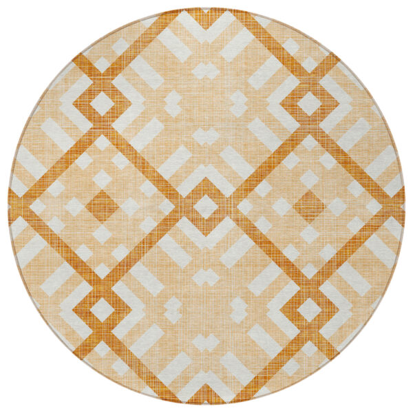 8' Peach Orange And Ivory Round Geometric Washable Indoor Outdoor Area Rug