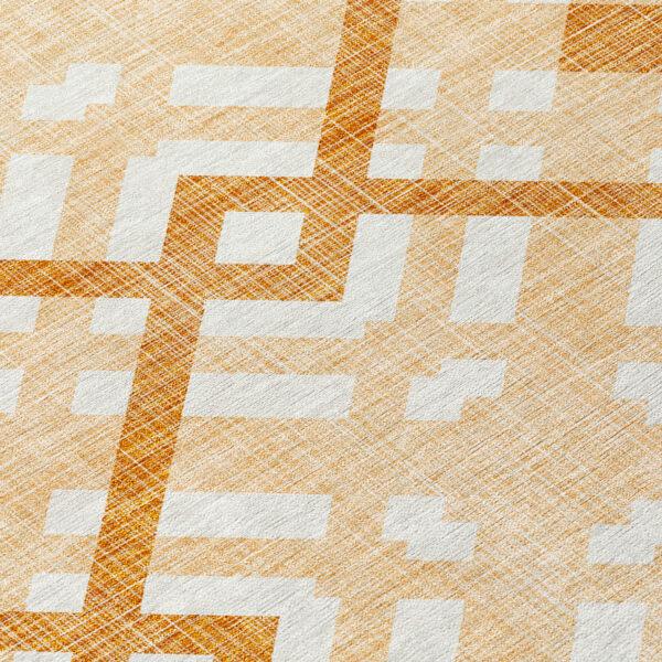 8' Peach Orange And Ivory Round Geometric Washable Indoor Outdoor Area Rug
