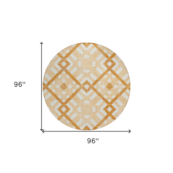8' Peach Orange And Ivory Round Geometric Washable Indoor Outdoor Area Rug