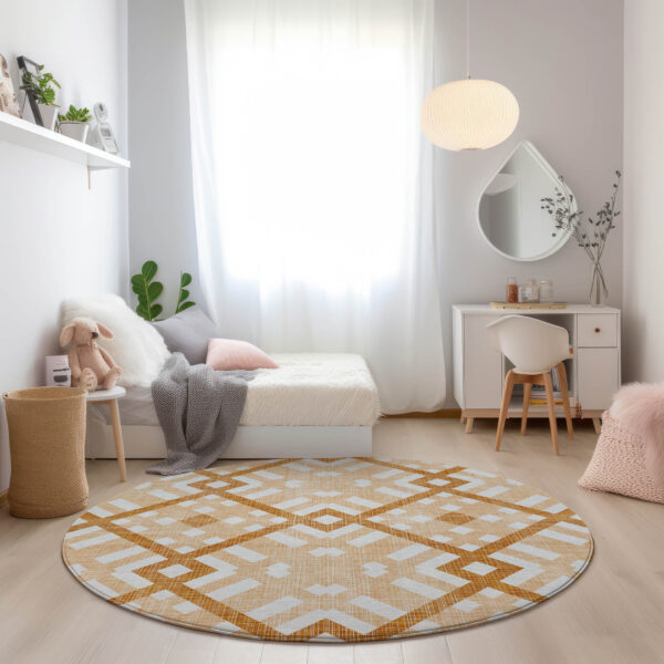 8' Peach Orange And Ivory Round Geometric Washable Indoor Outdoor Area Rug