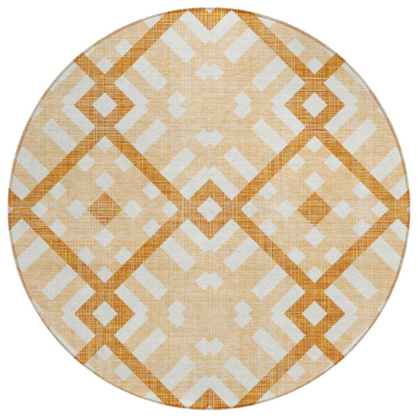 8' Peach Orange And Ivory Round Geometric Washable Indoor Outdoor Area Rug