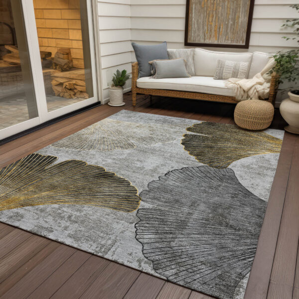 8' X 10' Gray Charcoal And Silver Floral Washable Indoor Outdoor Area Rug
