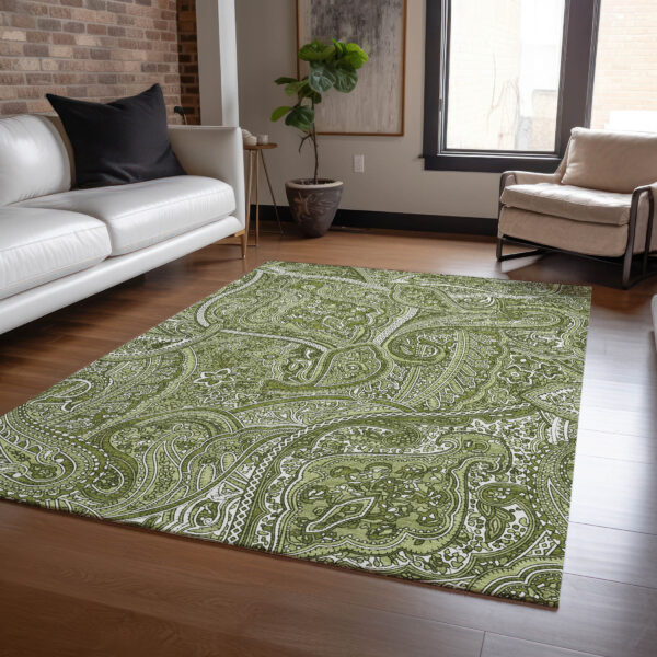 3' X 5' Artichoke Green And Olive Green Paisley Washable Indoor Outdoor Area Rug