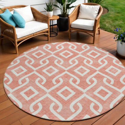 8' Salmon And Ivory Round Geometric Washable Indoor Outdoor Area Rug